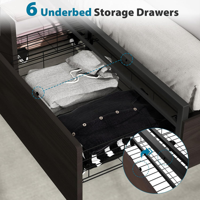 Base de lit double avec tête de lit et station de charge - lit plateforme à 6 tiroirs, lumières DEL, ports USB, aucun sommier requis, assemblage facile