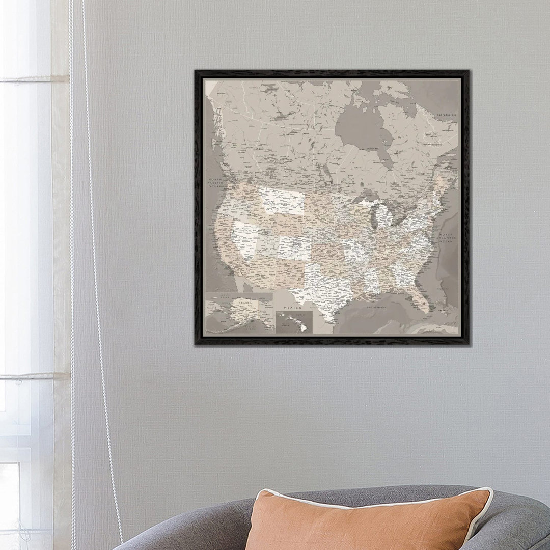 Detaillierte Karte der USA und Kanada, Davey von Blursbyai - Galerie-Giclée auf Leinwand