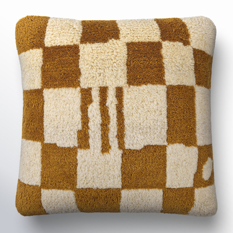 Raven Checkered Wool Throw Pillow, Polyester/Polyfill, 18" x 18", Brown