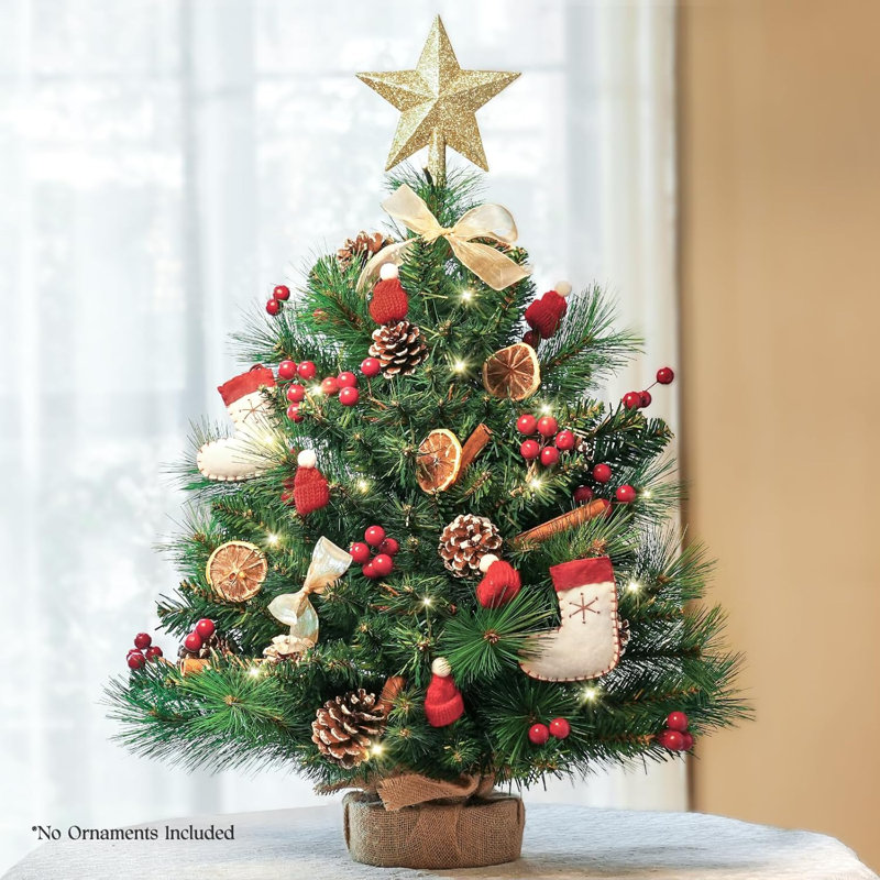 60cm / 2 ft Tabletop Pre-lit Christmas Tree, Mini Artificial Xmas Tree with Warm LED Lights (6-Hour Timer)