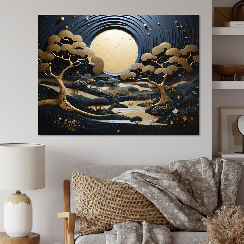 «Blue and Gold Modern African Landscape II», reproduction sur toile, H 30 po x l 40 po x P 1,5 po, Toile tendue