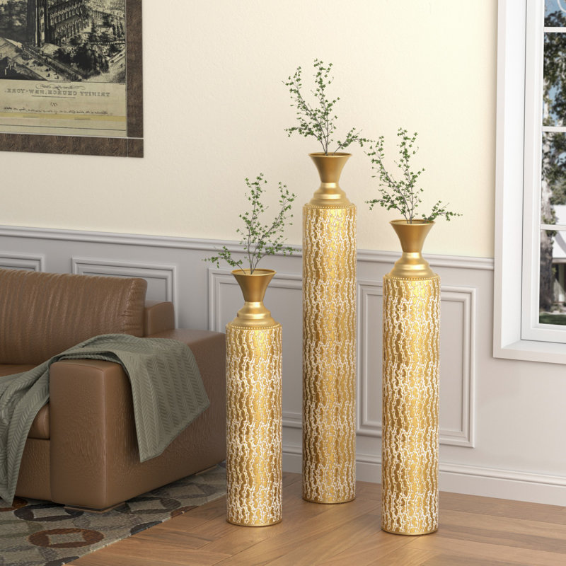 metal centre vases with growing vine patterns, set of 3