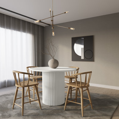 Modern Pedestal 5 Piece Counter Height Dining Set - White Table With Natural Stools