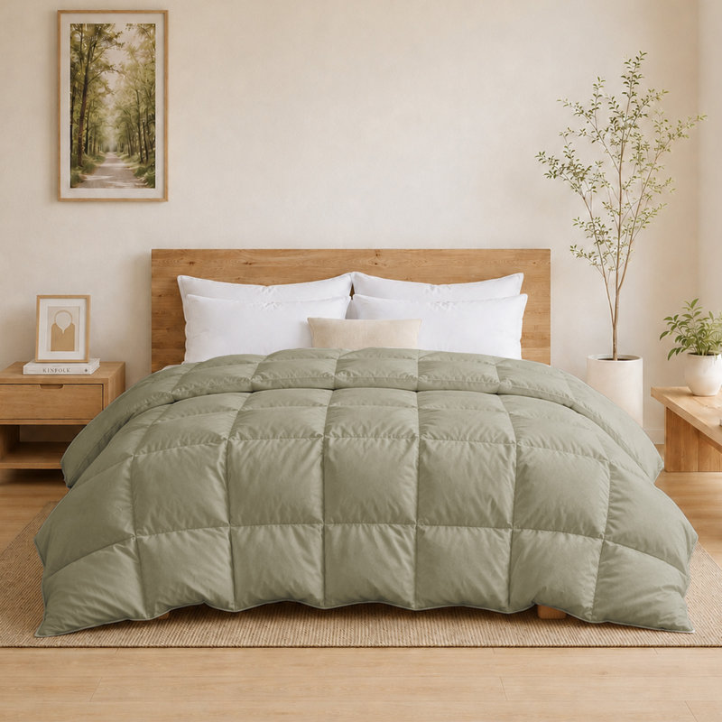 All Season Goose Feather Fiber Comforter Lightweight Duvet Insert, Sage Green, Full/Queen