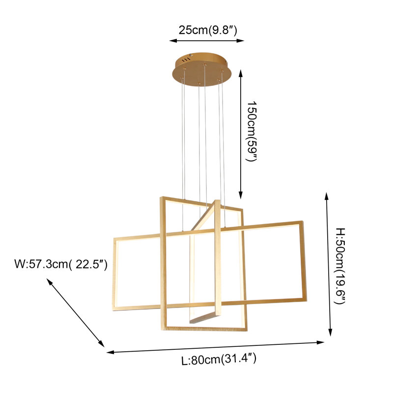 Vollmer 3-Light Dimmable LED Square/Rectangle Chandelier, Gold