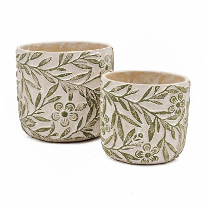 Jardinières S / 2 sable et ciment grises avec motif floral vert gravé, L: P 6,7 po x P 6,3 po: P 5,5 po x P 5 po
