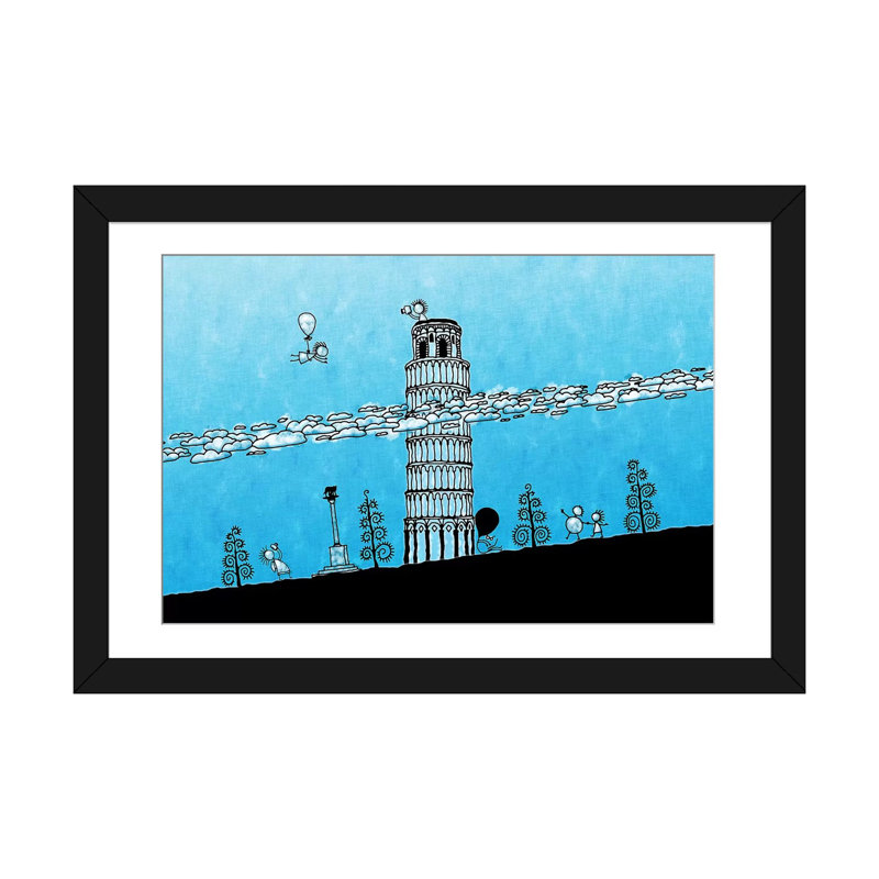 Leonia, tour penchée de Pise, impression sur toile tendue, H 16 po x l 24 po x P 1 po, Papier d'art encadré noir, Blanc