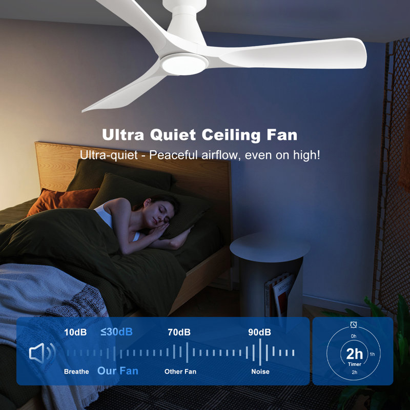 52 Inch White 3 Blade Flush Mount Low Profile Ceiling Fan with Lights and Remote, Dimmable Indoor Outdoor Fan with Remote APP Control Quiet DC Motor Timer