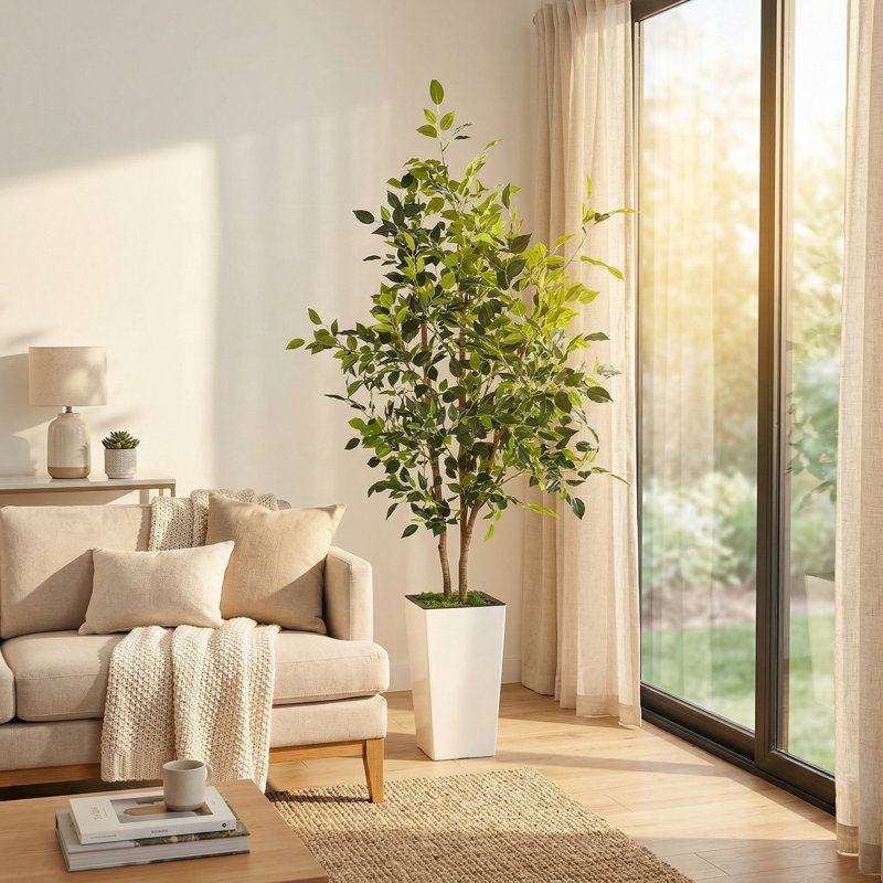 Ficus artificiel réaliste de 6 pi, feuilles de soie réalistes résistantes aux rayons UV avec jardinière blanche pour la maison