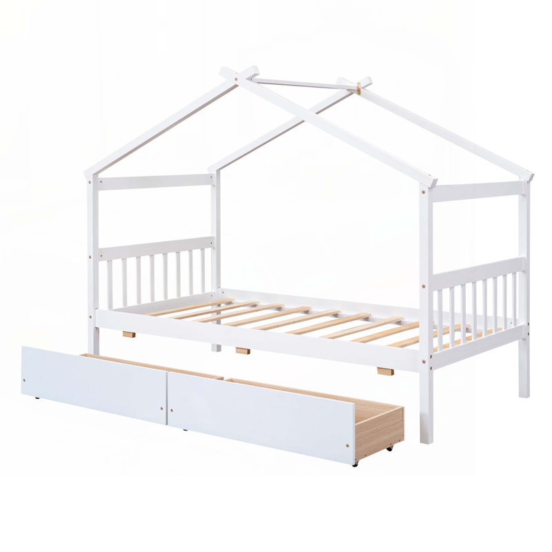 Lit en bois avec tiroirs, Blanc