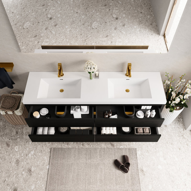 Meuble-lavabo flottant mural 72 po avec lavabo et comptoir en résine de pierre, tiroirs à fermeture en douceur, bois, pré-assemblé pour une installation parfaite, rangement pour cosmétiques organisé, faible absorption d'eau