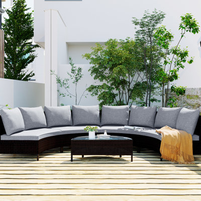 Canapé modulaire d'extérieur toutes saisons - 5 pièces avec coussins gris, table en verre trempé et plateau à coussins