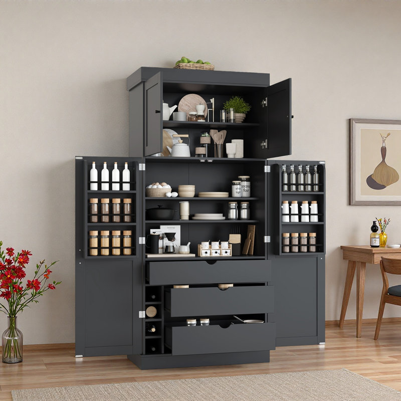 Grand garde-manger autoportant avec tablettes réglables, tablettes de porte, tiroirs et porte-bouteilles, Gris