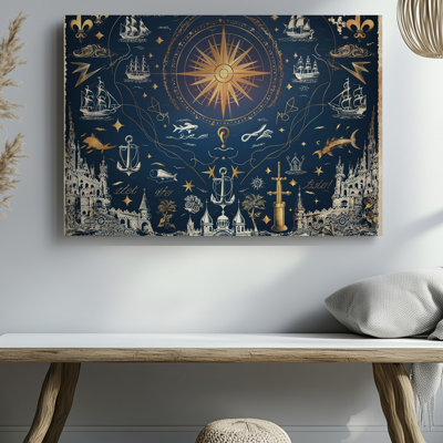 Toile, art rétro sur fond de carte avec des illustrations et des symboles complexes dominés par une grande boussole ornée sur toile