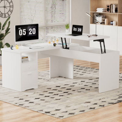 Swapan 56'' Lift Top L-Shaped Desk with Drawers and Power Outlets, Executive Desk