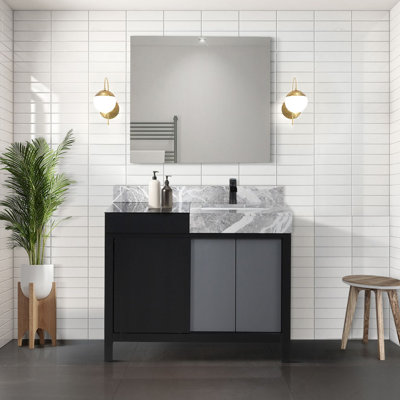 Meuble-lavabo noir et gris 91 cm L x 56 cm P, plateau en marbre gris château, robinetterie noire mate et miroir de 76 cm