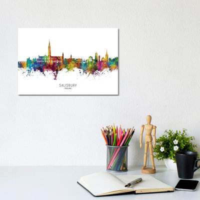 Salisbury England Skyline City Name by Michael Tompsett - Wrapped Canvas Print