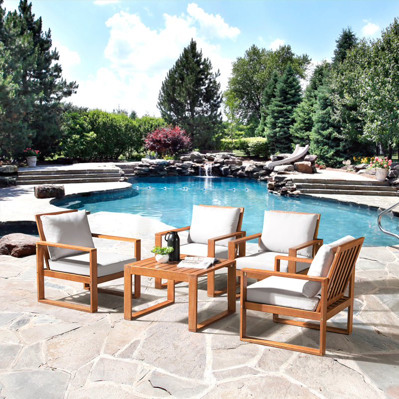 Weston 5Pc Outdoor Set Solid Eucalyptus Wood, 4 Chairs with Cushions and 1 Cocktail Table