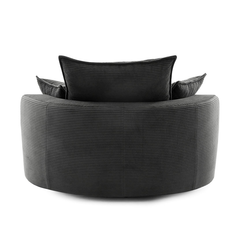 Chaise pivotante 360 avec système de coussin double couche, coussin de soutien, mécanisme lisse, revêtement en velours côtelé noir, 57,5 po au total, pour un fauteuil de détente à la maison, coussin, 3 coussins amovibles
