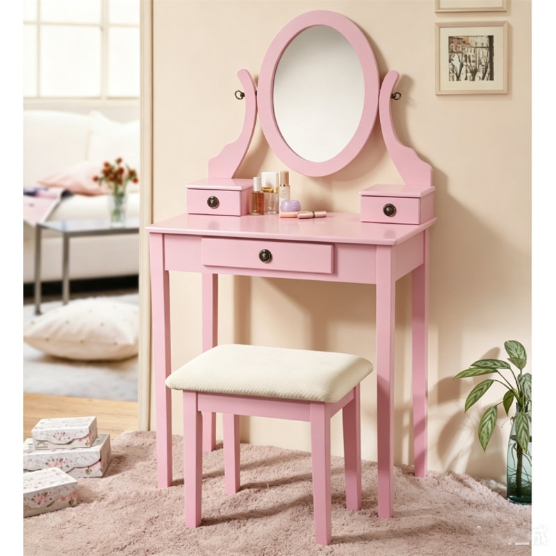 Ensemble de coiffeuse avec tabouret en bois Moniya, coiffeuse de chambre bleue pour femmes et filles