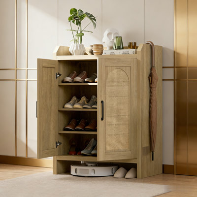 Armoire de rangement pour chaussures d'entrée, garde-robe en rotin naturel tissé, étagère à chaussures en bois, armoire à chaussures style bohémien de ferme pour couloir