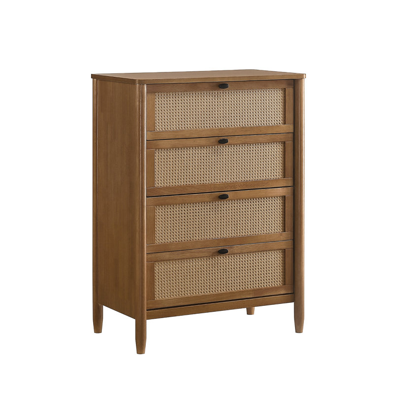 Commode 4 tiroirs en bois et rotin