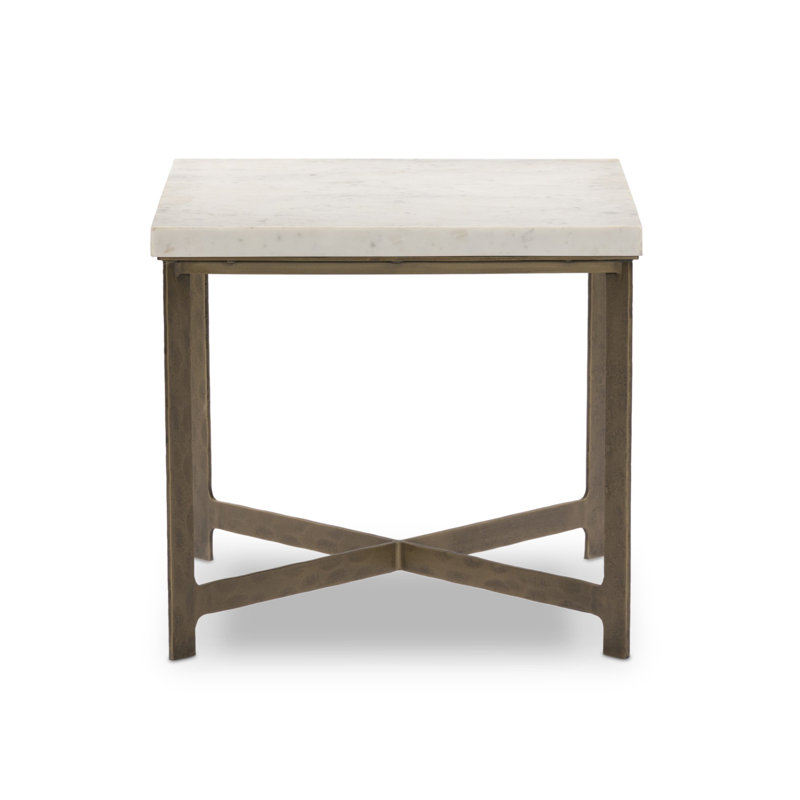 HAMMERED IRON Marble End Table, White Marble Top/Antique Brass Base