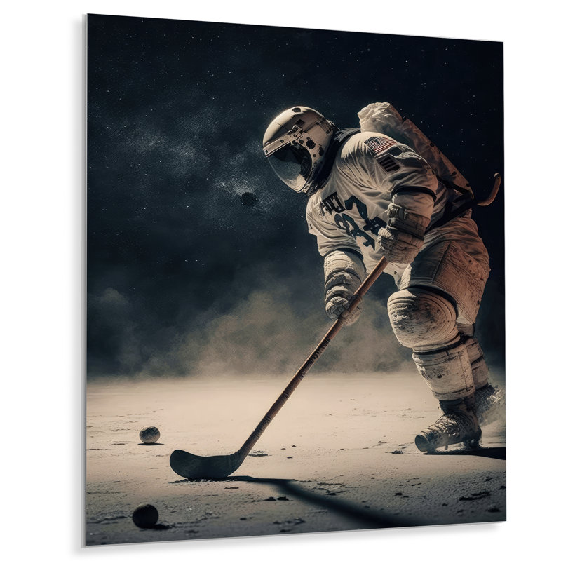 Spaceman jouant au hockey - art mural moderne en métal, H 20 po x l 12 po x P 1 po