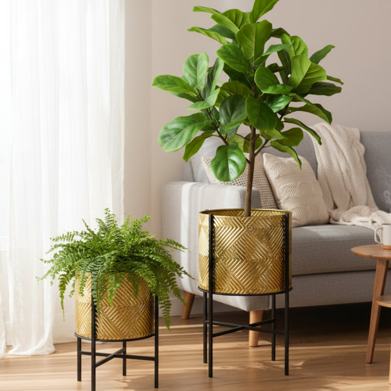 Jardinières dorées rustiques, surface en aluminium texturé, pots de plantes en métal avec support noir, cadeaux de décoration intérieure uniques