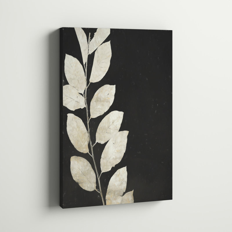 Tige feuillue noire et blanche - peinture sur toile tendue, H 12 po x l 8 po, Toile tendue, Sans cadre