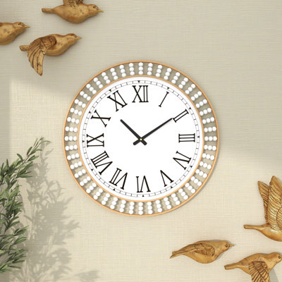 Goner Wood Beaded Decorative White Wall Clock with Gold Metal Frame and Black Accents