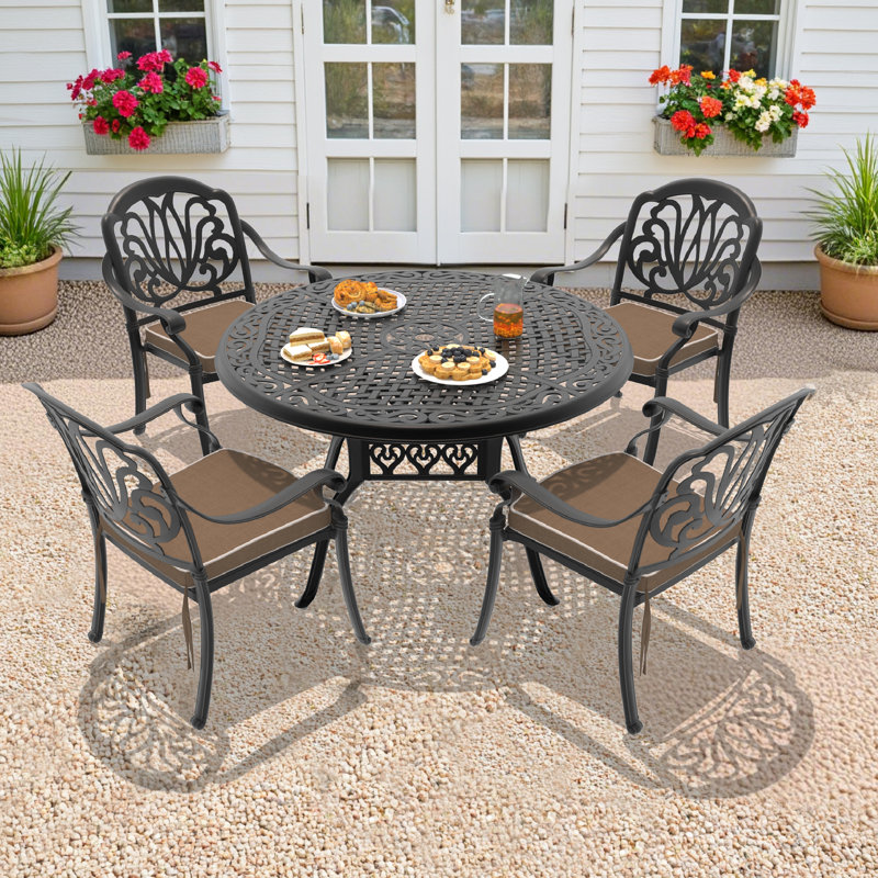 Dheftera 48.03-inch Round Cast Aluminum Outdoor Dining Set with Umbrella Hole and Brown Cushions, 4