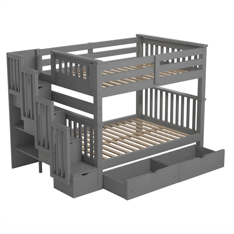 Girlie Full Over Full Bunk Bed with Shelves and Storage Drawers, Gray