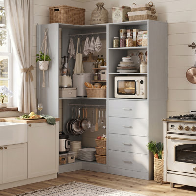 Armoire de rangement d'angle pour garde-manger de coin avec 4 tiroirs, tablettes ouvertes et tringles de suspension, système d'organisation de nourriture modulaire 2 pièces