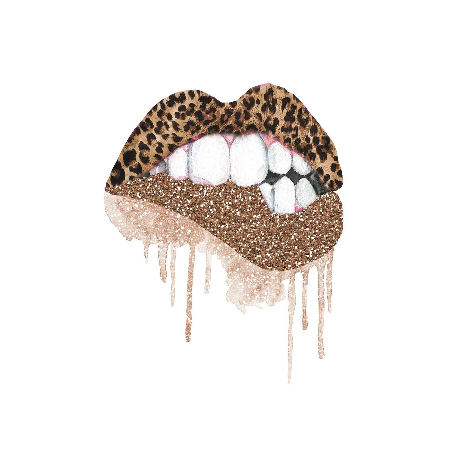 Bless international Leopard Gold Glitter Lips On Canvas by Ephrazy