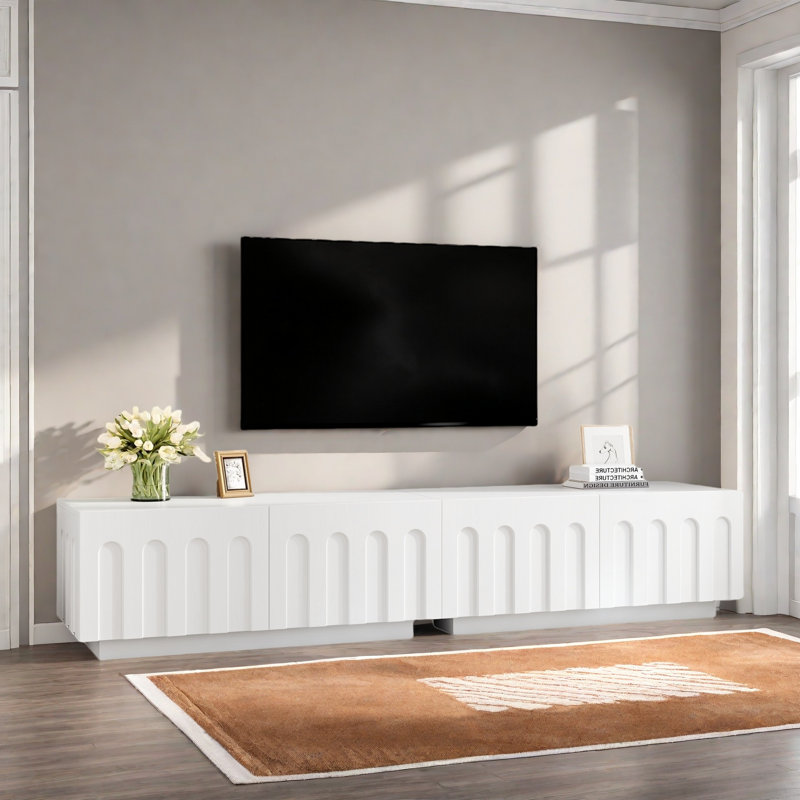 Table basse moderne à double usage avec meuble télé arqué et 4 tiroirs, Blanc