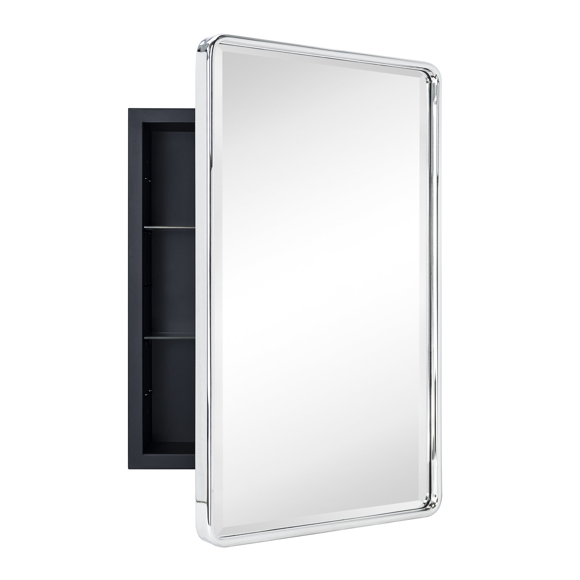 Farmhouse Recessed Metal Bathroom Medicine Cabinets with Mirror with Adjustable Tempered Glass Shelves, 24" x 16", Chrome