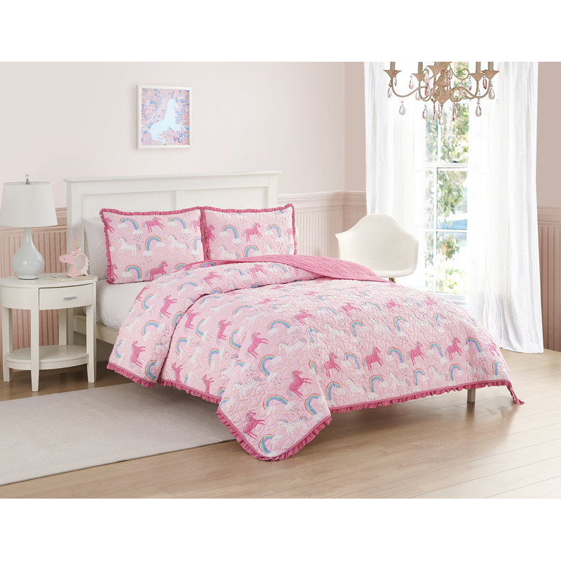 Pink Reversible Microfiber Twin Quilt Set with Unicorns