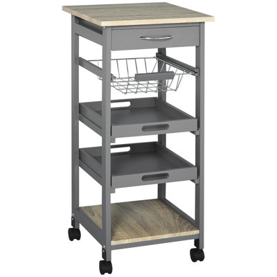 Mobile Rolling Kitchen Island Trolley Serving Cart With Underneath Drawer & Slide-Out Wire Storage Basket
