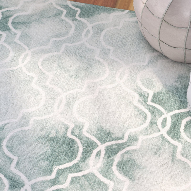 Berman Hand Tufted Wool/Cotton Geometric Rug in Sage Green/Ivory, Square 7'