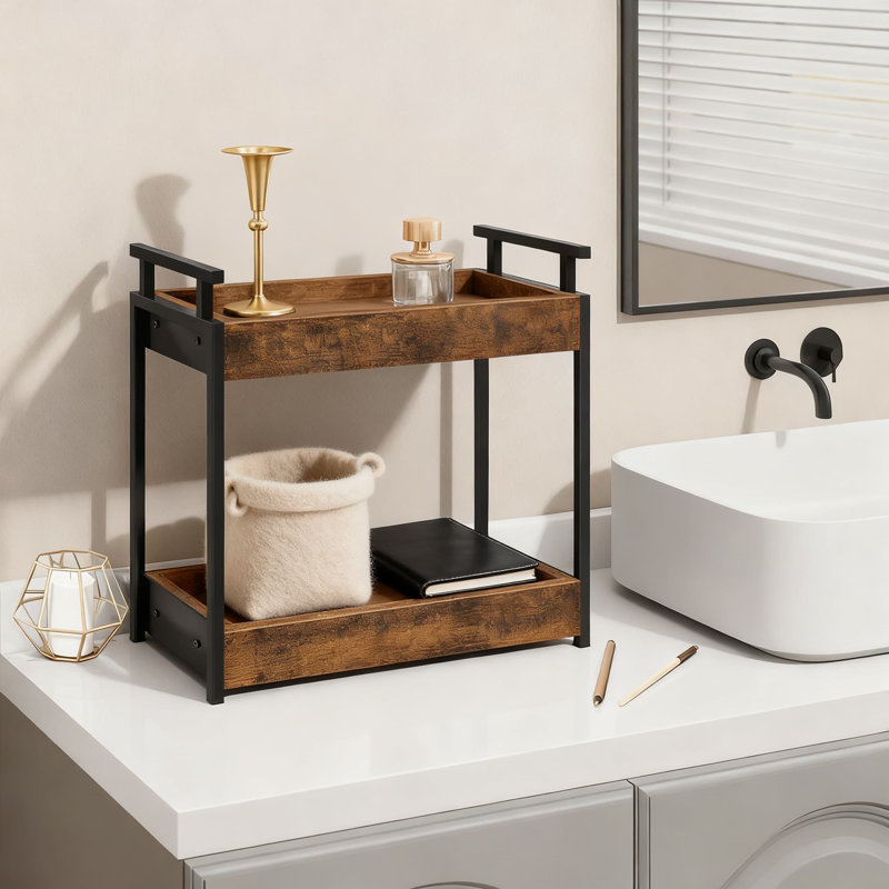 Organisateur de comptoir à 2 niveaux, tablette de meuble-lavabo pour le maquillage, plateau de rangement peu encombrant pour comptoir de lavabo, conception en bois rustique