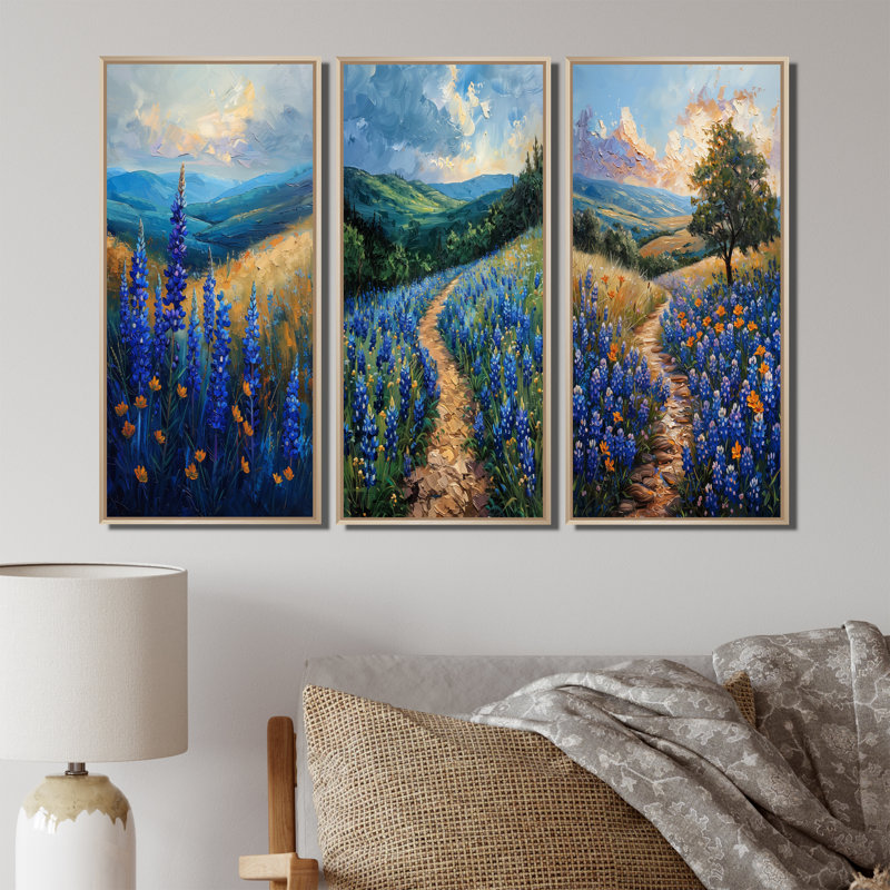 «Blue Green Meadow Charm Blue Bonnets I», collection d'art mural Blue Bonnets, H 32 po x l 48 po, Crème, crème