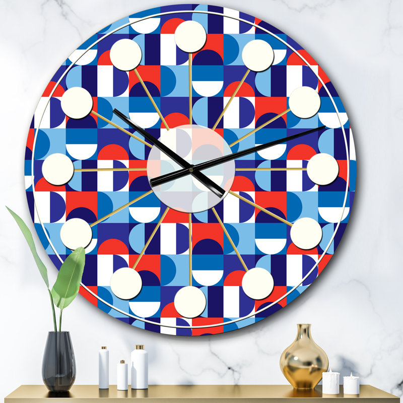 Bleu, rouge et blanc à pois - horloge murale moderne Mid-Century, Surdimensionné