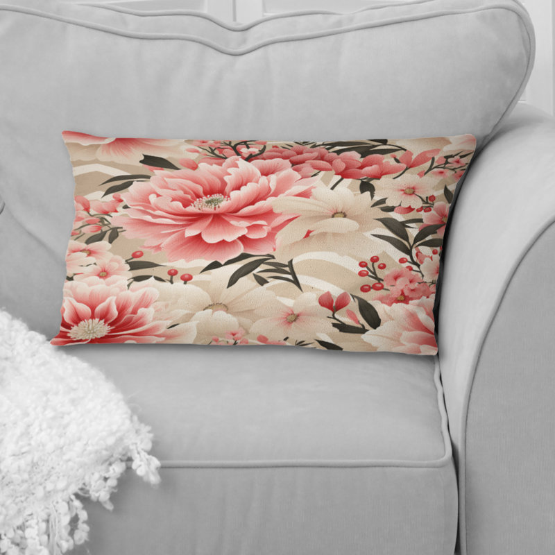 Coussin décoratif imprimé floral rose pivoine délicate