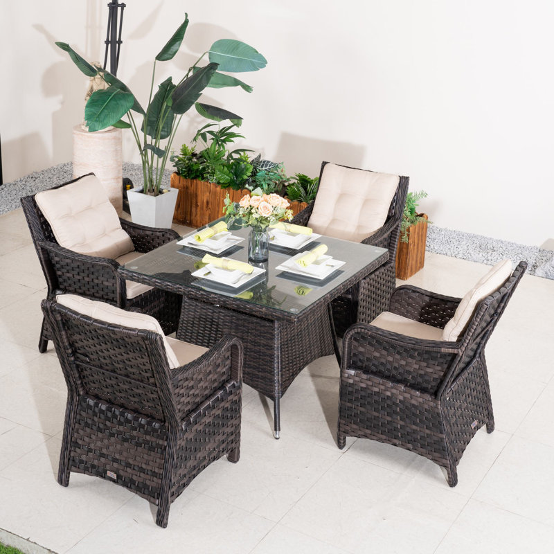 Ensemble repas pour terrasse en osier pour 4 personnes avec table carrée Algird