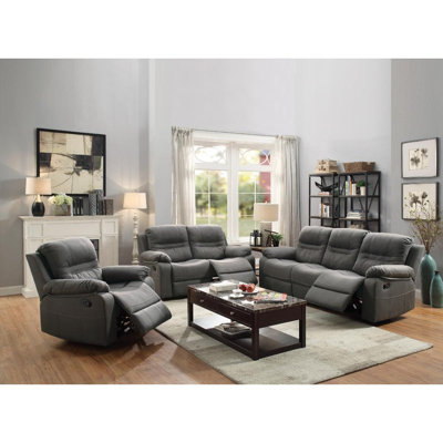 Contemporary Reclining Living Room Sofa – 86” Breathable Faux Leather with Metal Mechanism | Slate Blue | Pillow Top Arms | Faux Leather