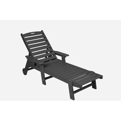 Lounge Chair Outdoor with Wood Texture, Oversized Chaise Lounge Chair with 5 Positions,HDPE,Patio Lounge Chair with Wheels & Cup Holder for Pool, Deck, Poolside