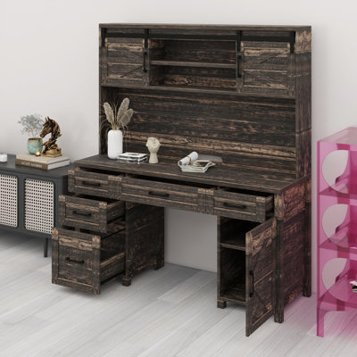 Bureau d'ordinateur rustique pour la maison avec station de recharge intégrée, tablette de rangement, tiroirs et armoire ajustable