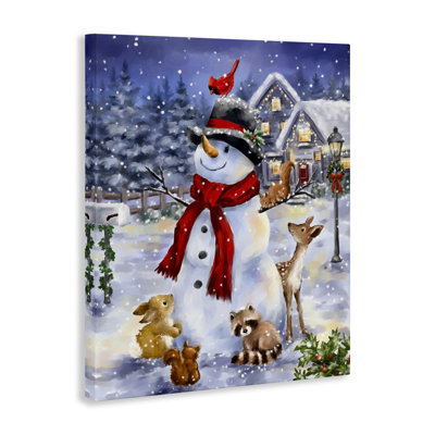 Snowman & Forest Animals Canvas Wall Art by Jean Francois