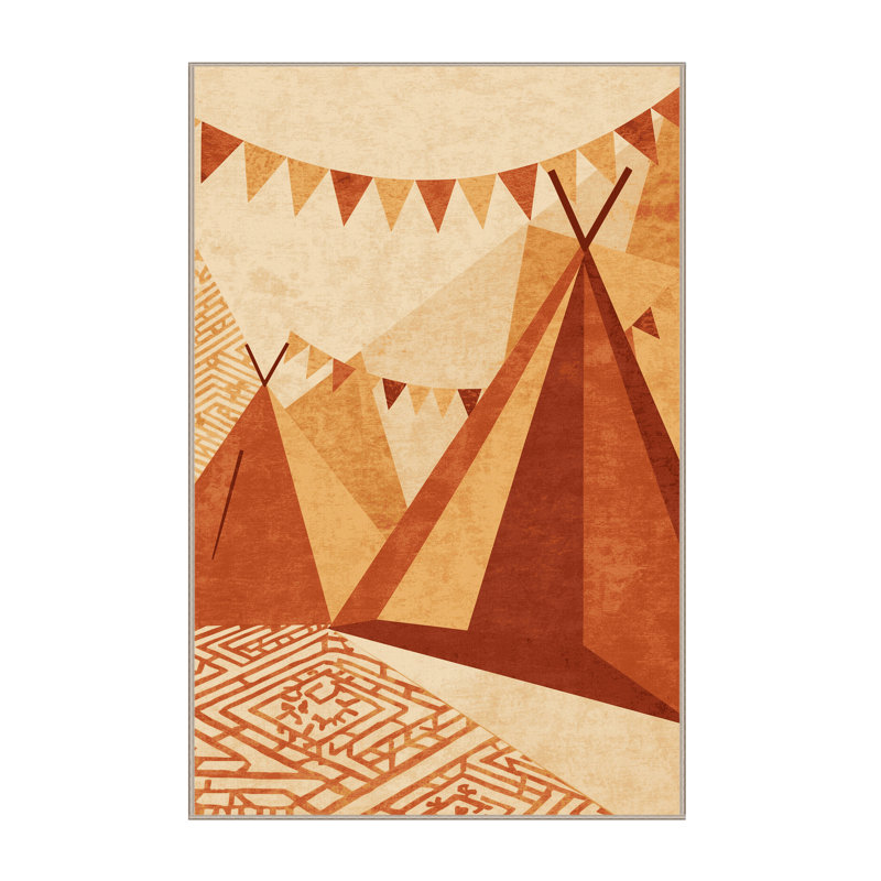 Machine Washable Oweda Festival Tent Scene Bohemian Geometric Rug in Beige – Beige Binding, 4x6